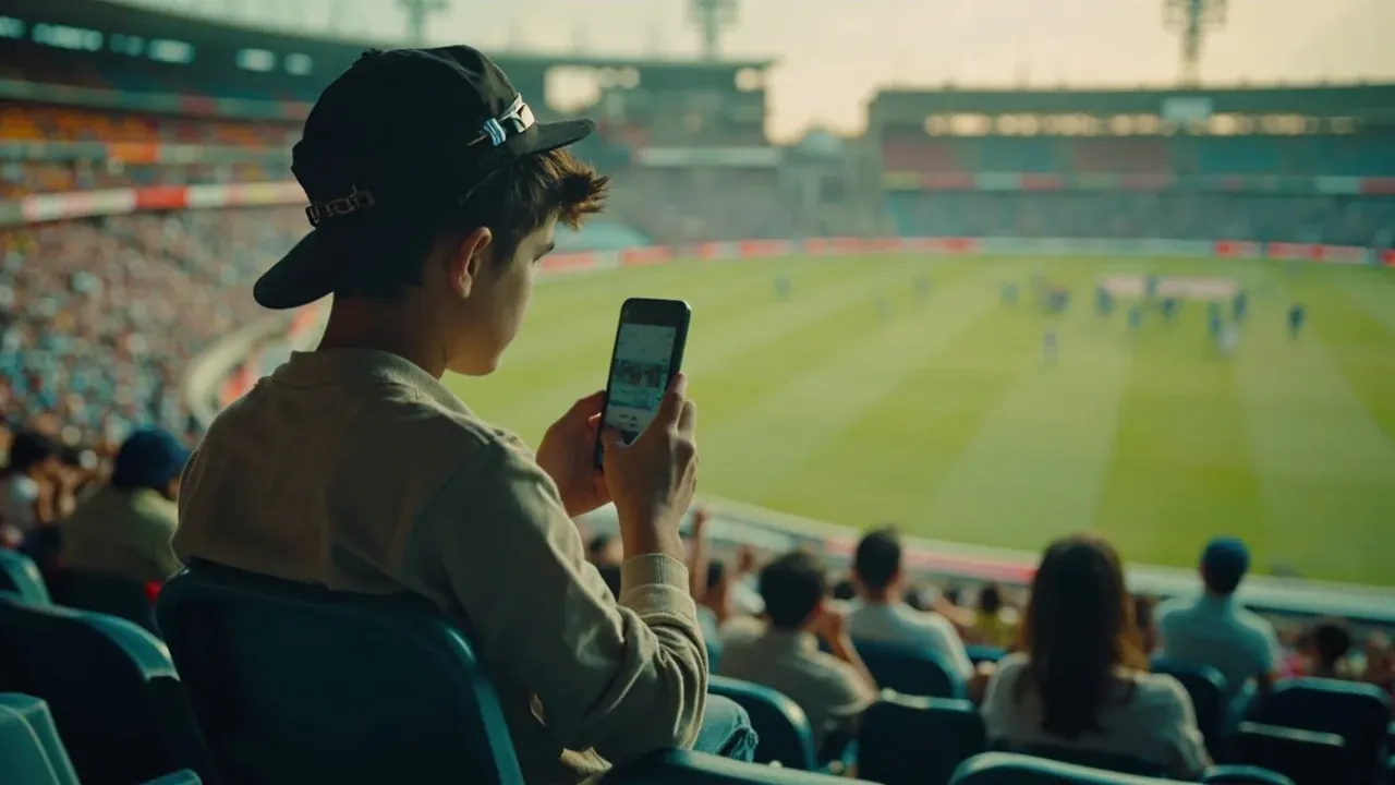 Cricket player on phone screen with live match data, editorial overlay