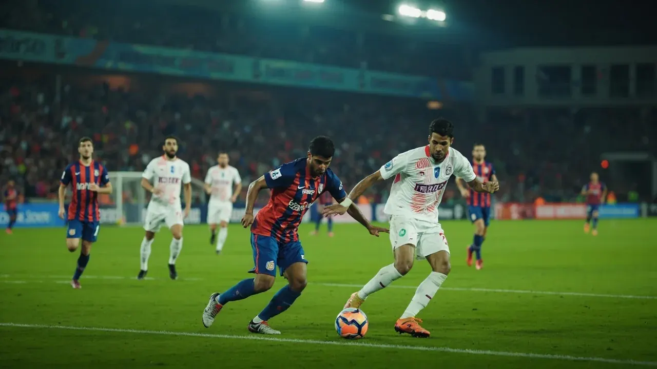 Wide view of a football pitch at floodlit Monday night game