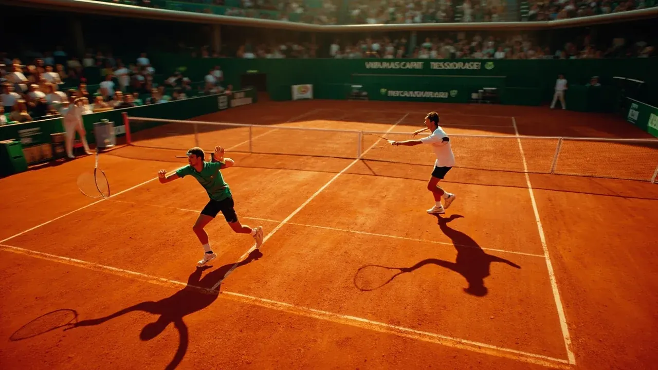 Clay court with white lines, low angle
